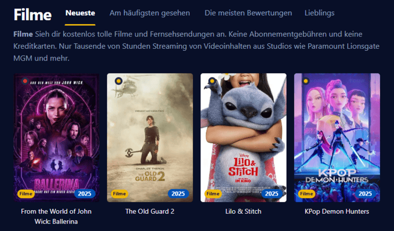 Bildschirmfoto der Filmpalast Oberfläche mit verschiedenen Filmtiteln und Serienepisoden
